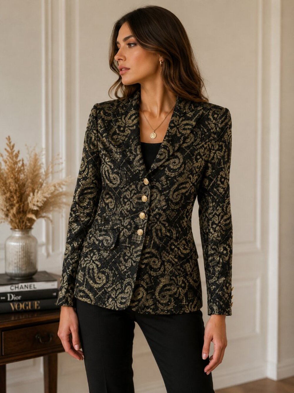 Escada Margaretha Ley Gold Brocade Paisley Blazer Jacket EU 34 Silk Wool